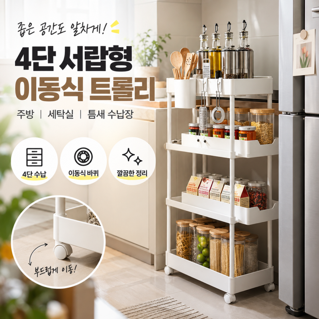 업그레이드 4단 서랍형 이동식 트롤리 바퀴달린 선반 세탁실 틈새 수납장 정리함 제품 이미지