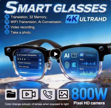 2026 AI 스마트 안경 800W 픽셀 듀얼 카메라 블루투스 5.3 사진 촬영 4K 영상 녹화 음성 번역 통화 스마트 글라스