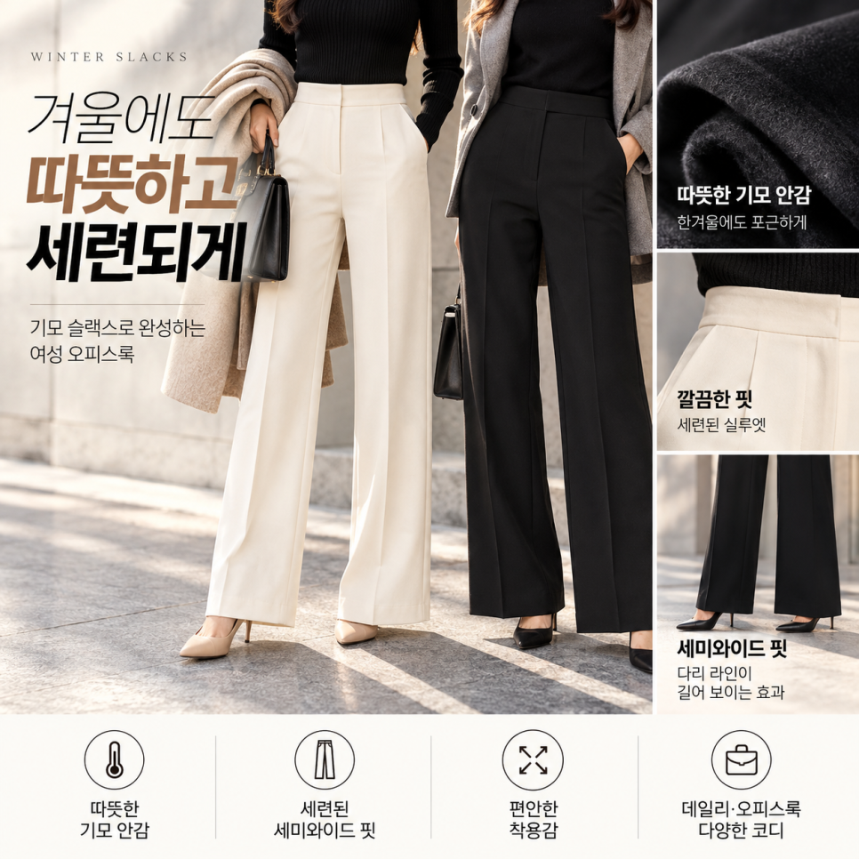 겨울 여성 기모 슬랙스 세미와이드 정장바지 여자 오피스룩 출근룩 방한 팬츠 제품 이미지