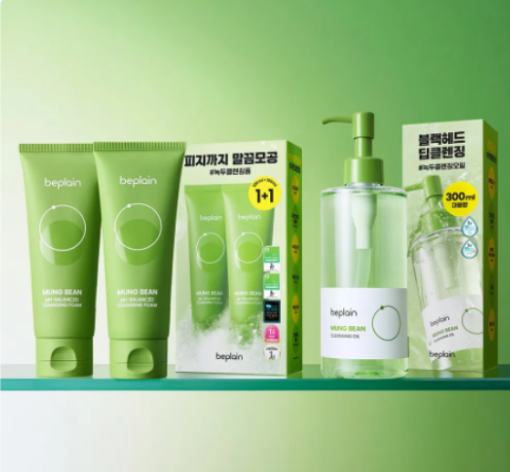 비플레인 녹두 클렌징 세트 약산성 클렌징폼 100ml 2개 클렌징 오일 300ml 세안 기획세트 제품 이미지