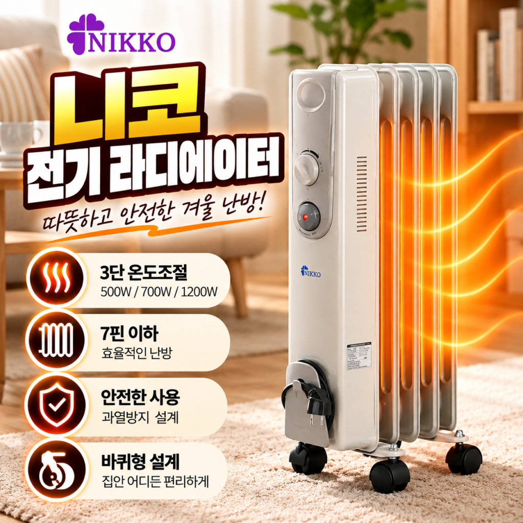 니코 전기 라디에이터 WH-0505 가정용 사무실 5핀 전기난로 500W 700W 1200W 3단계 난방기 제품 이미지