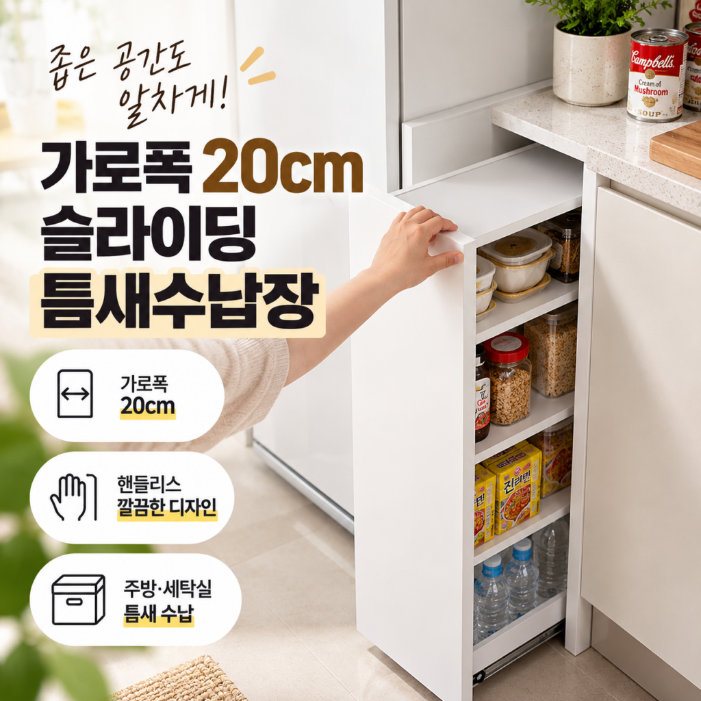 랩스터 틈새수납장200 슬라이딩 핸들리스 가로폭 20cm 좌측형 주방 세탁실 틈새 수납장 제품 이미지