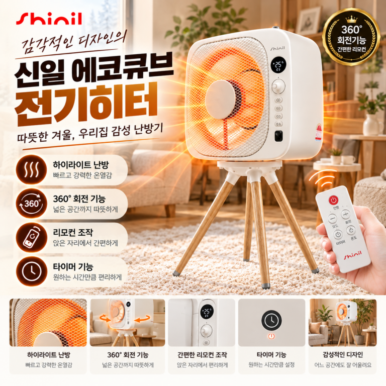 신일 에코큐브 전기히터 하이라이트 난방기 가정용 회전형 전기난로 리모컨 타이머 스토브 화이트 스탠드