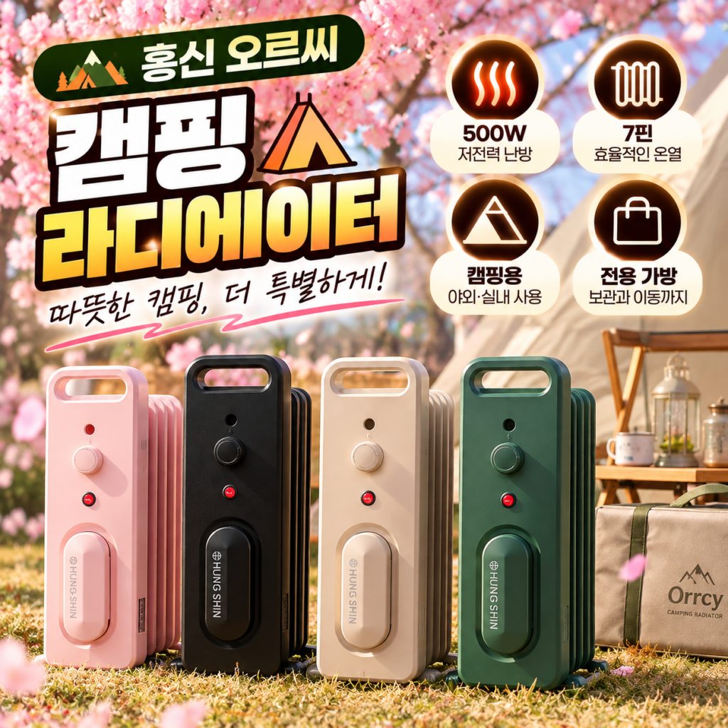 흥신 오르씨 ORRCY-21 핑크 캠핑 라디에이터 500W 전기난로 7핀 가방 세트 제품 이미지