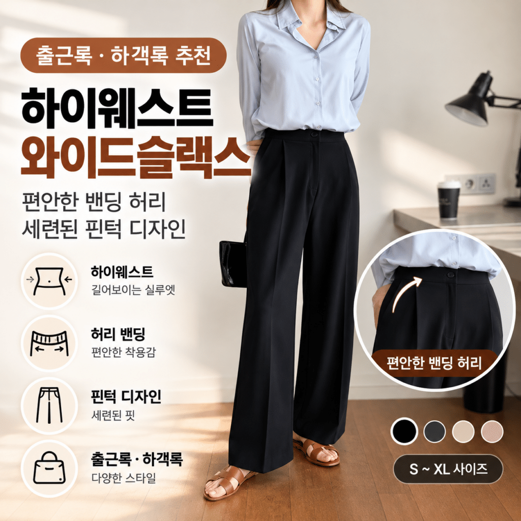 여성 하이웨스트 와이드 슬랙스 밴딩 핀턱 정장바지 블랙 출근룩 하객룩 가을 팬츠 제품 이미지