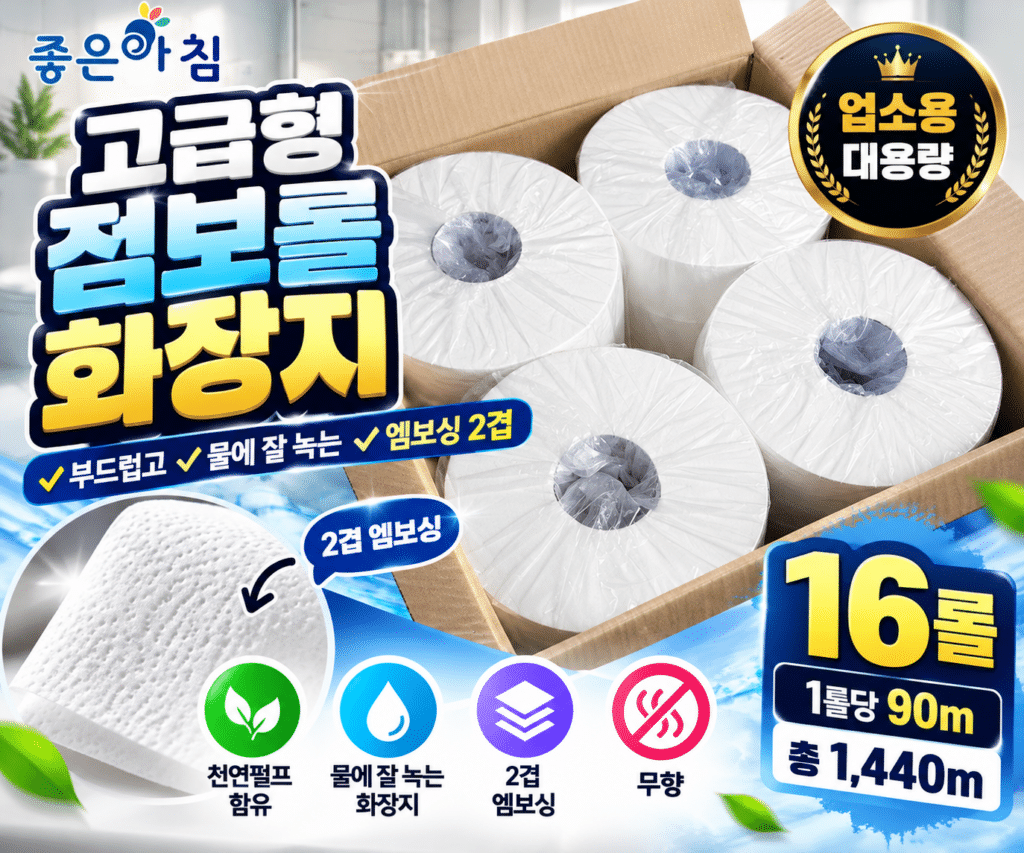 좋은아침 고급형 점보롤 화장지 2겹 엠보 90m 16롤 업소용 대용량 화장실 휴지 제품 이미지